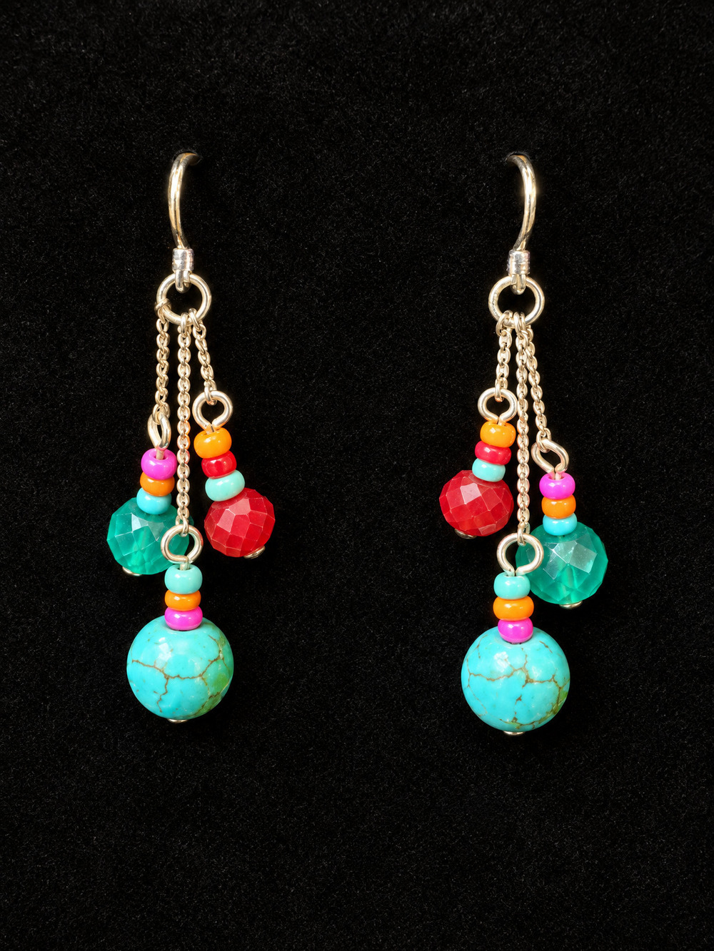 ⚜️ Beaded Dangle Earrings | Multicolor Boho | Turquoise Gold-Tone 💗